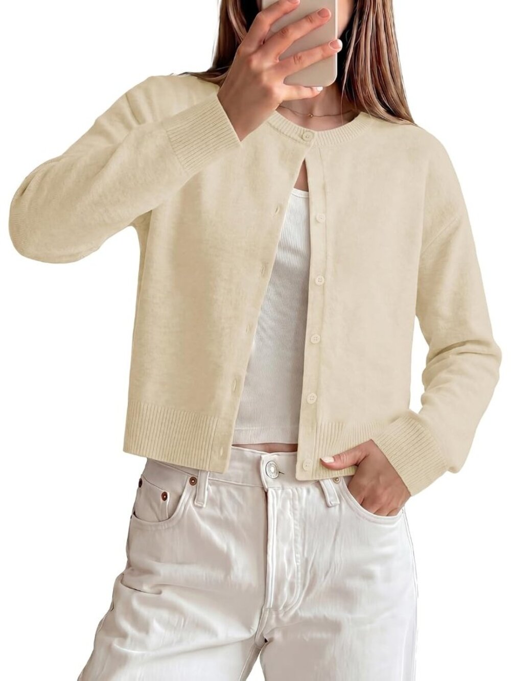 🆕Women's Cream Cropped Knit Cardigan Sweater Crew Neck Button Front Jacket